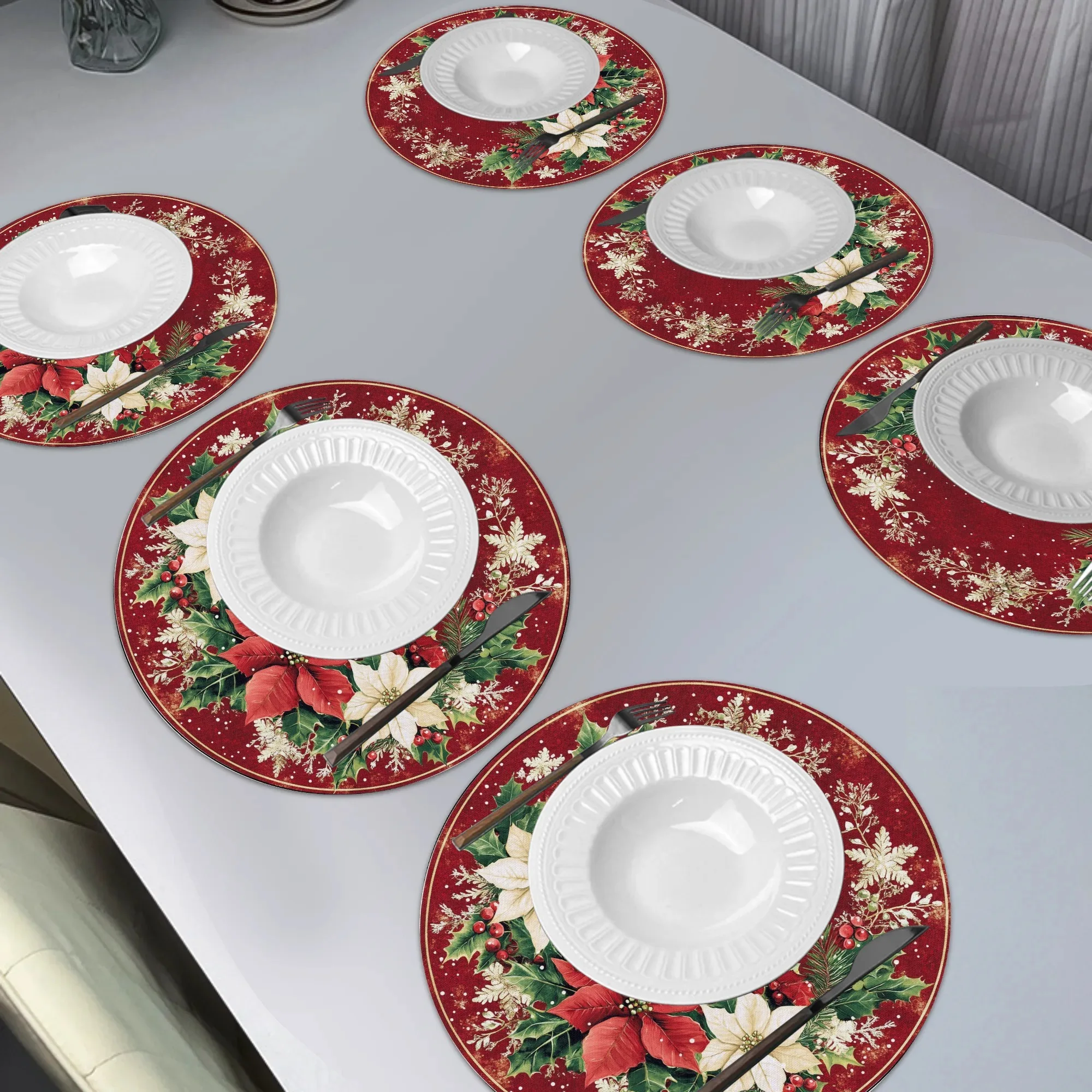 VIKAMA 4pc Christmas Round Placemat Waterproof Easy To Clean Christmas Red Green Color Placemat Table Decoration