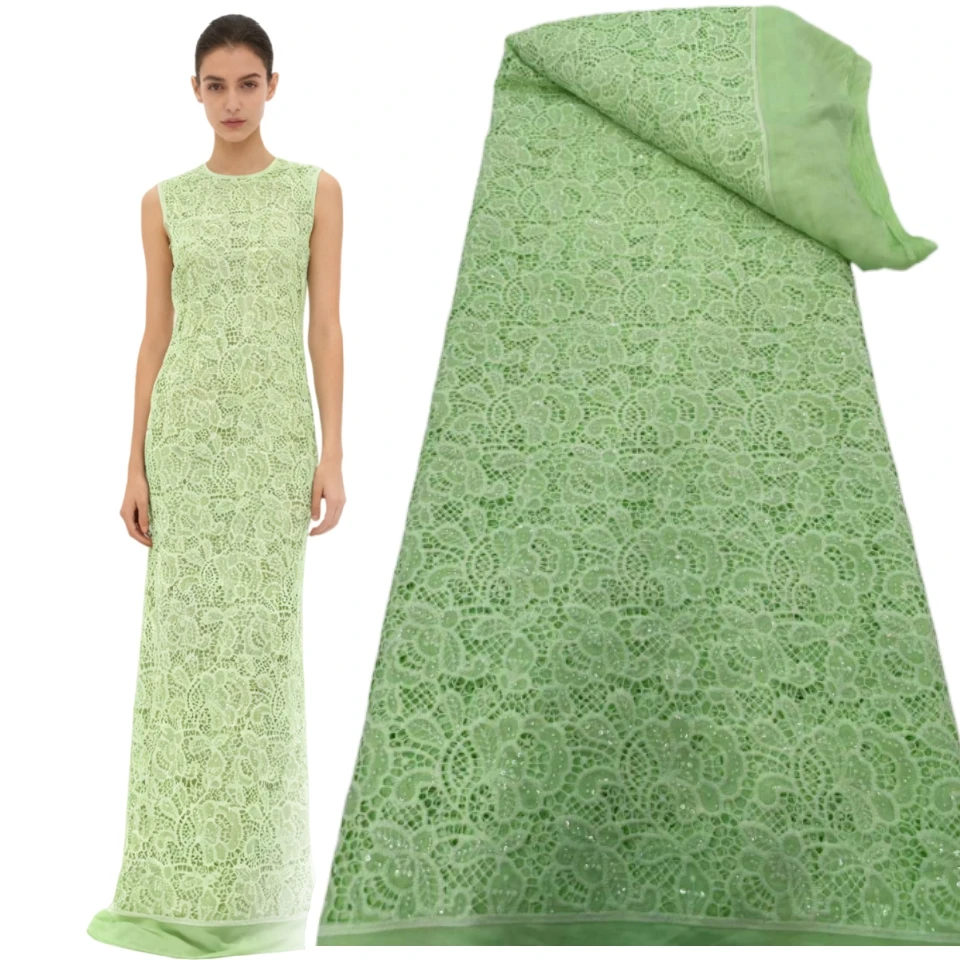 

5Yards Nigerian Guipure Cotton Beads Lace Fabric 2025 High Quality Sequins African Milk Silk Embroidery Lace Fabric Women 1794