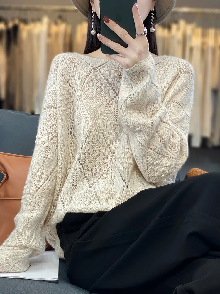 100% Merino Wool Women's O-Neck Pullovers Sweaters  Autumn Winter Fashion Loose Hollow  Female Cashmere Knitwear Clothing Tops