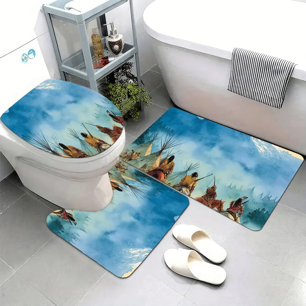 

Set of 3 Ultra-Soft Bathroom Floor Mats with Non-Slip Backing, Featuring a Watercolor Design of Five Local American Individuals