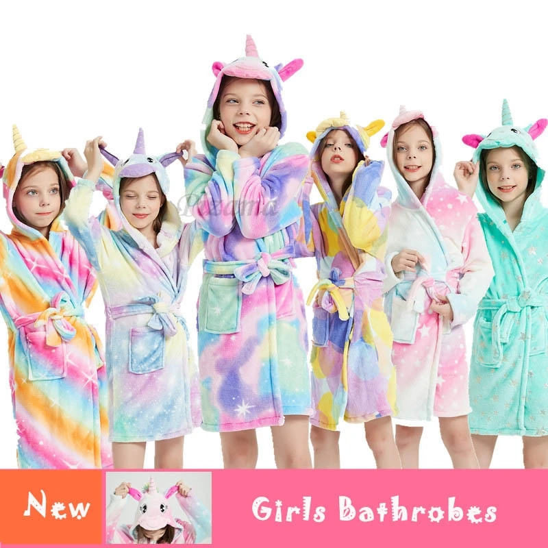 فتاة رداء حمام بقلنسوة الكرتون يونيكورن وقوس قزح نمط الفانيلا لينة الدافئة جيب حزام طويل رداء منامة بيجامة للأطفال #1
