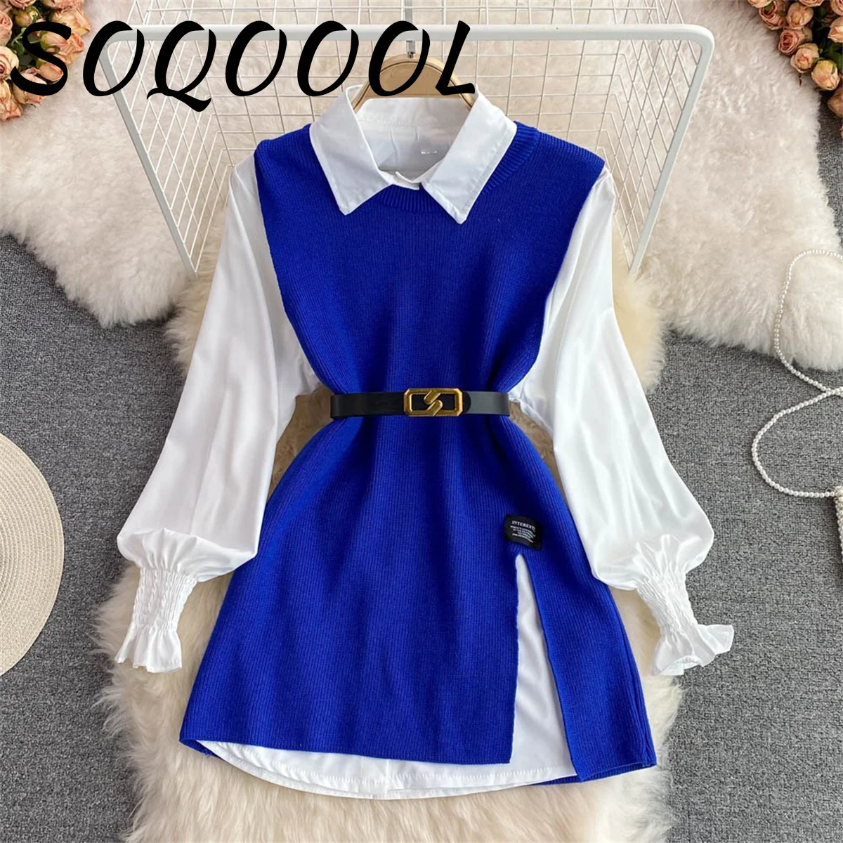 New Autumn Fashion Korean Office Lady Lapel Lantern Sleeves White Shirt +V-neck Knitted Vest Casual Two-piece Set Clothes Women