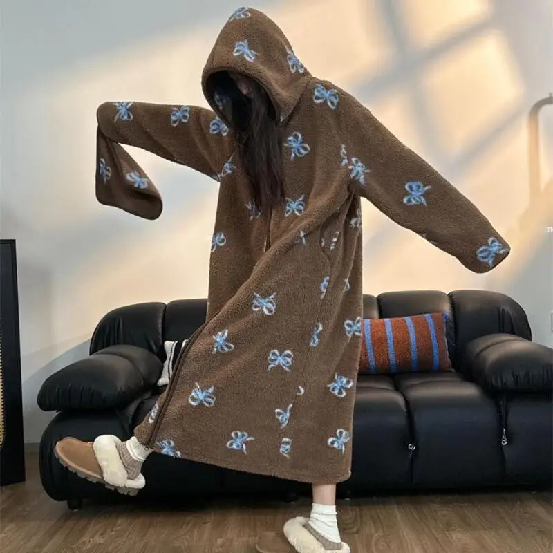 Plus Size Long Flannel Hooded Robe Kimono Nightgown Women's Cartoon Zipper Sleepwear Winter Warm Home Clothes Loose Pajamas