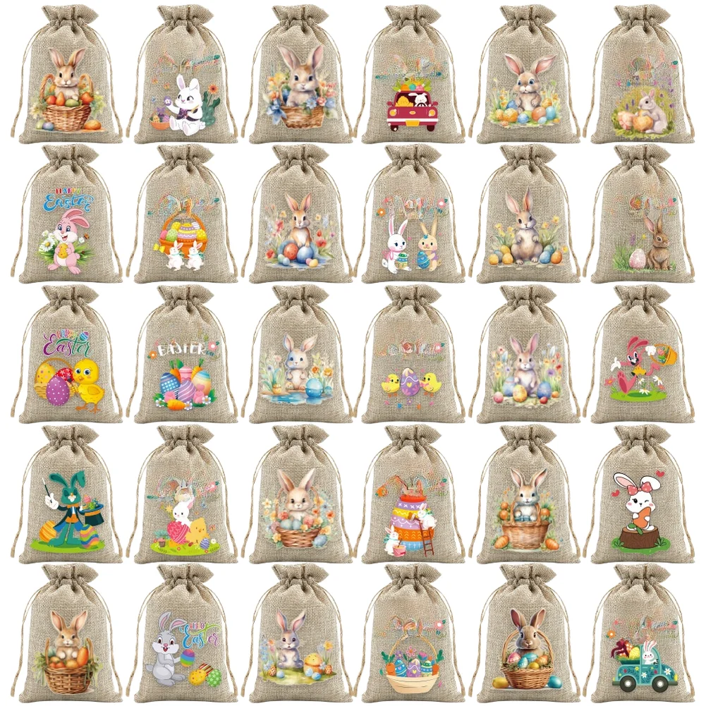 Egg Hunt Easter Favor Bags Linen Fabric Sturdy Construction Assorted Patterns Two Size Options For Candy Gifts