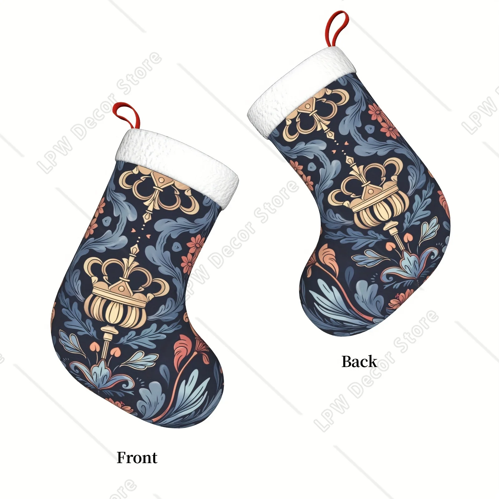 花柄と王冠模様のクリスマスストッキング カフ暖炉吊り下げストッキング 家族のクリスマスデコレーション ホリデーシーズンパーティー用