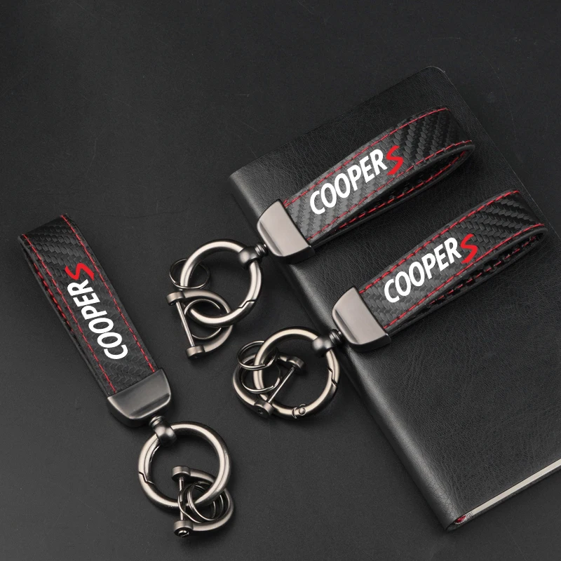 Leather Carbon Fiber Car Ring Keychain Trinket Zinc Alloy Keyrings Rotate For Mini Cooper S One JCW R55 R56 R50 R53 R60 F55 F56