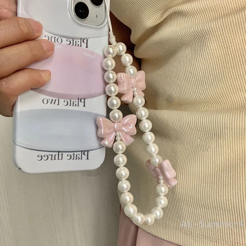 Różowy Łańcuszek do Telefonu z Kokardką z Perłami, Bransoletka Zapobiegająca Zgubieniu do Obudowy Telefonu, Pasek na Nadgarstek, Smycz CCD, Brelok do Telefonu, Przenośny Łańcuszek