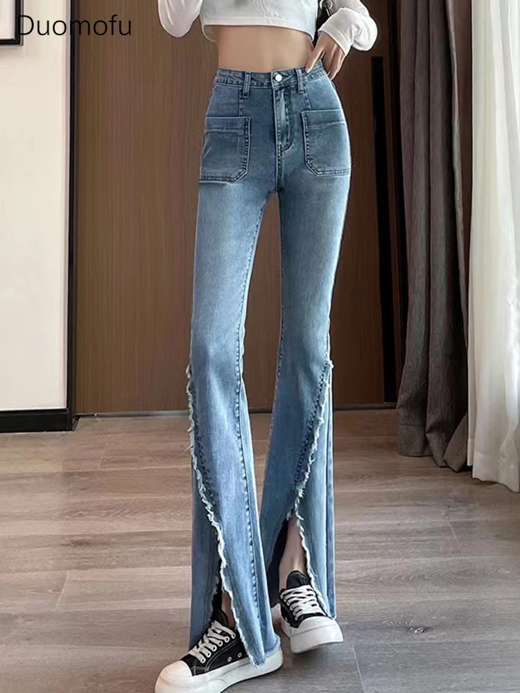 Duomofu Chicly Split Vintage High Waist Slim Female Flare Jeans Summer New Simple Zipper Button Fashion S-XL Casual Women Jeans