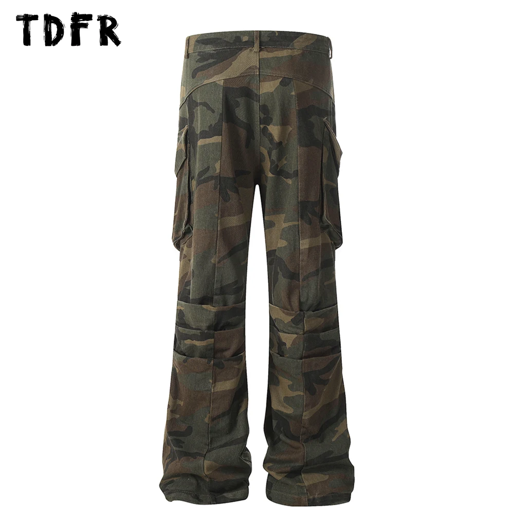 Camouflage Pleated Cargo Pants Mens Multi-Pocket Safari Style Spliced Wide Leg Loose Flare Trousers Men