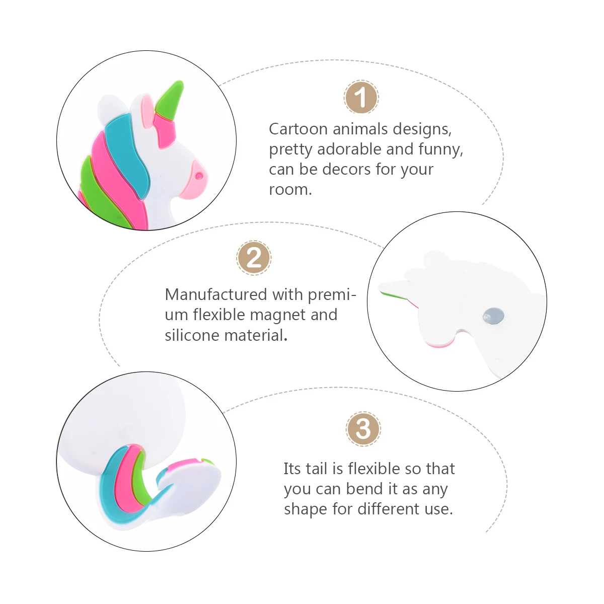 

2pcs Magnetic Hooks Flexible Silicone Cartoon Animal Stickers for Fridge Decor Adorable Bendable Tail Home Office Use