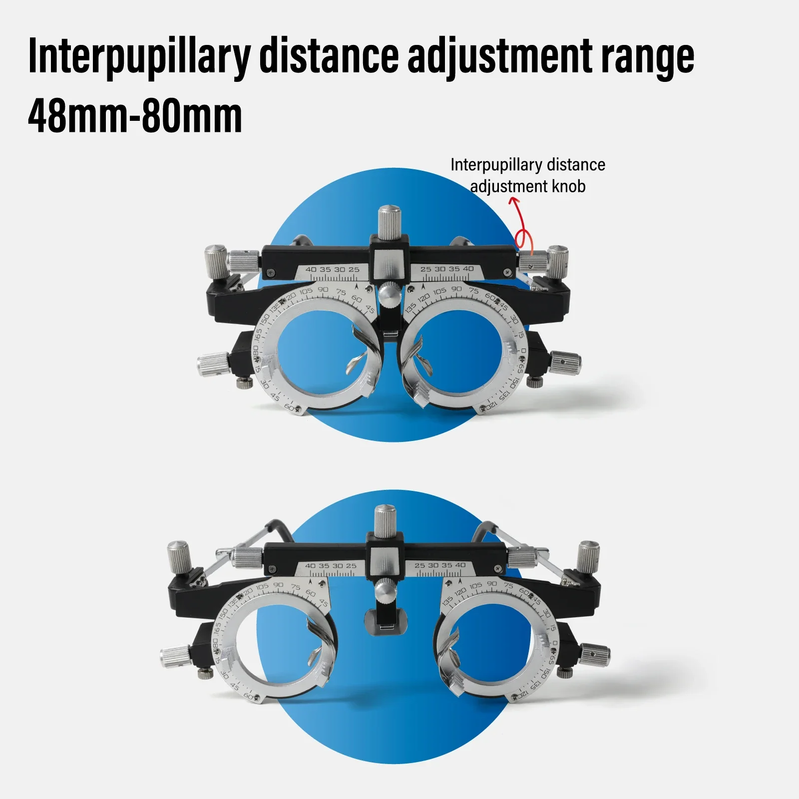 Professioneller Optometrie-Testrahmen aus Metall, verstellbar, PD 48 mm ~ 80 mm, für Brillen – Detail 5