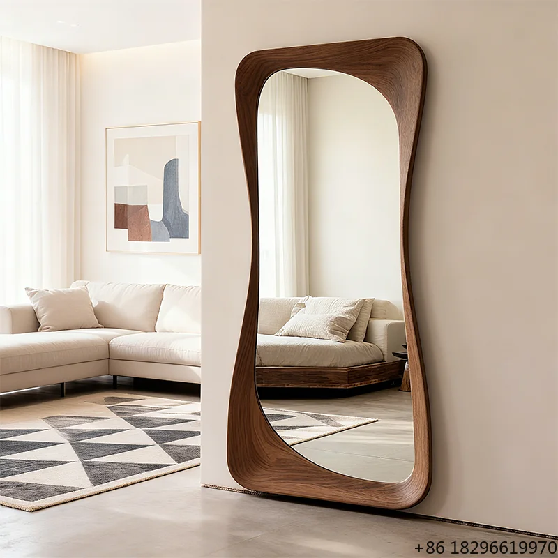 Modern Wooden Frame Full Length Mirror Retro Wall Mounted Floor Vanity Mirror for Living Room Bedroom