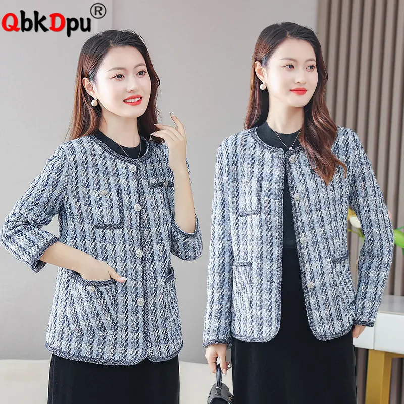 

Korean Fashion Tweed O-neck Jackets Tops Women Casual Single Breasted Classic Coats Casual Long Sleeve Vintage Abrigos Blusas