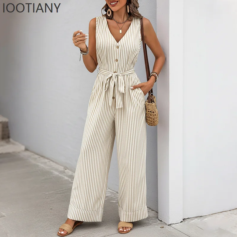 IOOTIANY Casual And Minimalist Jumpsuit Women's V-neck Striped Sleevelesscolor Woven Striped Jumpsuit Wide Leg Pants 2026