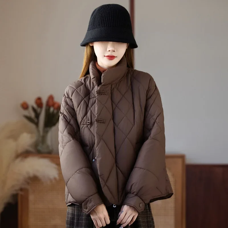 Parka rembourrée en coton épais et chaud pour femme, couleur unie, coupe ample, matelassée en diamant, Style chinois Vintage, pour l'hiver, nouvelle collection 2025