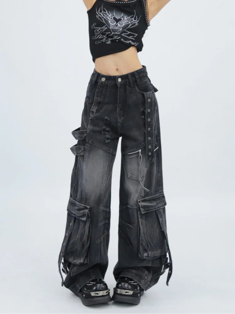 2025 Amerikaanse retro Y2K streetwear gewassen blauwe baggy gescheurde cargo jeans broek voor dameskleding wijde pijpen dame denim broek