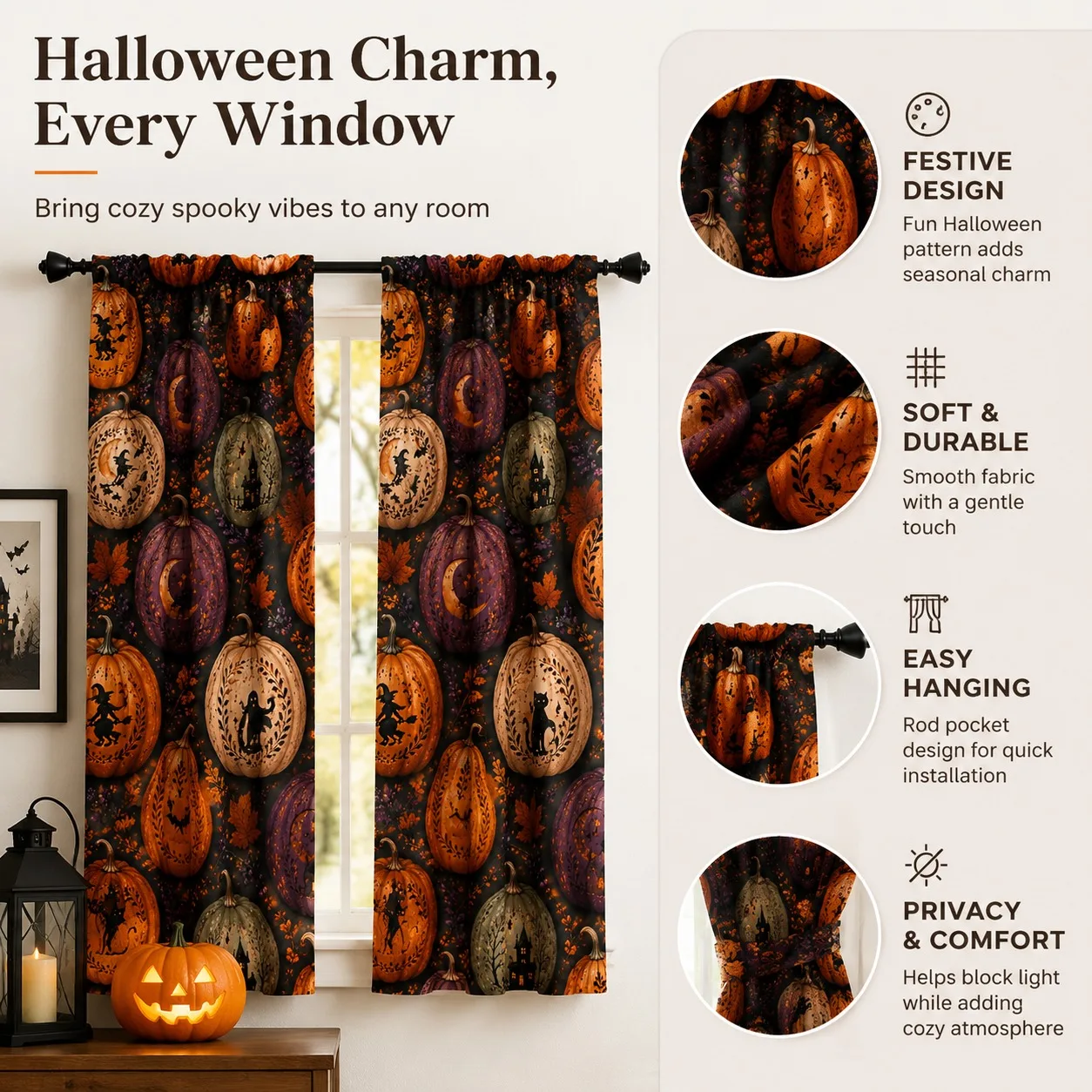 2Pcs Halloween Pumpkin Witch Castle Pattern Curtains for Home Living Room Bedroom Kitchen Cafe Outdoor Patio Decor, Autumn Fall