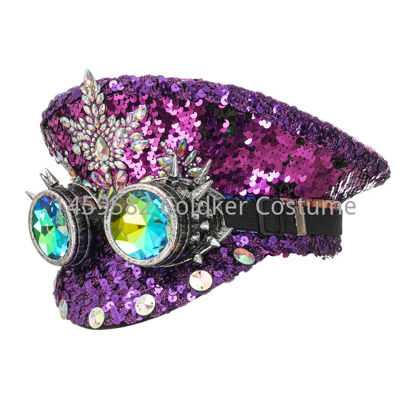 Chapeau de Capitaine Steampunk à Paillettes Violettes de Luxe avec Pompon en Diamant, Accessoires de Festival Gothique Rave, Accessoires de Cosplay Militaire d'Halloween