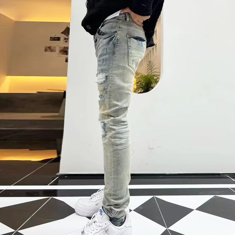 New designer fashionable men's jeans with hole patch, light blue elastic slim fit jeans, high street hip-hop brand pants, Y2K