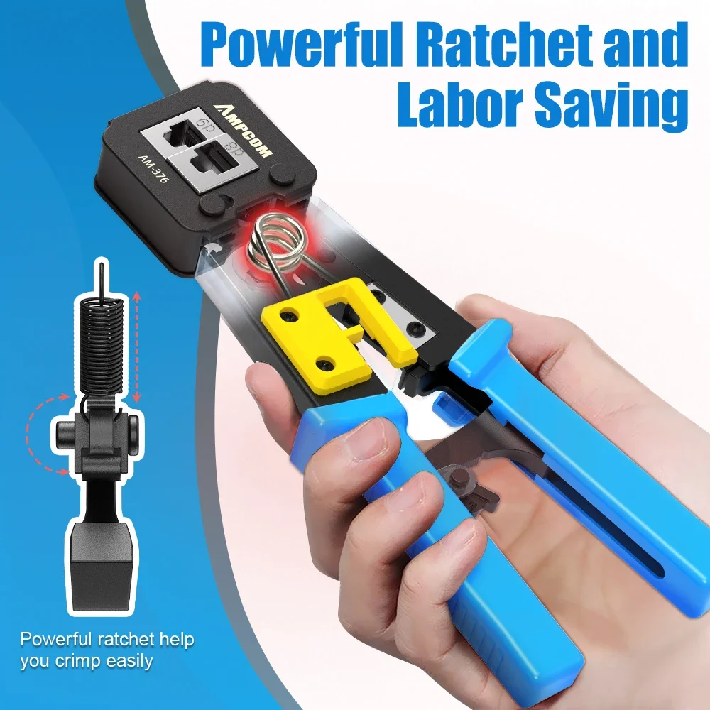 เครื่องมือเข้าหัว RJ45 AMPCOM แบบ Pass Through สำหรับสาย Cat5 Cat5e Cat6 พร้อมฟังก์ชั่น Crimp, Cutter และ Stripper สำหรับ RJ45 RJ12 RJ11 8P 6P End Pass Through connector