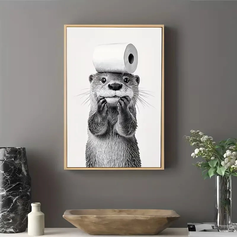 A Cute Otter with Toilet Paper on Its Head Black White Otter Is Taking A Bath The Bathroom The Bathtub Wall Is Home Decoration
