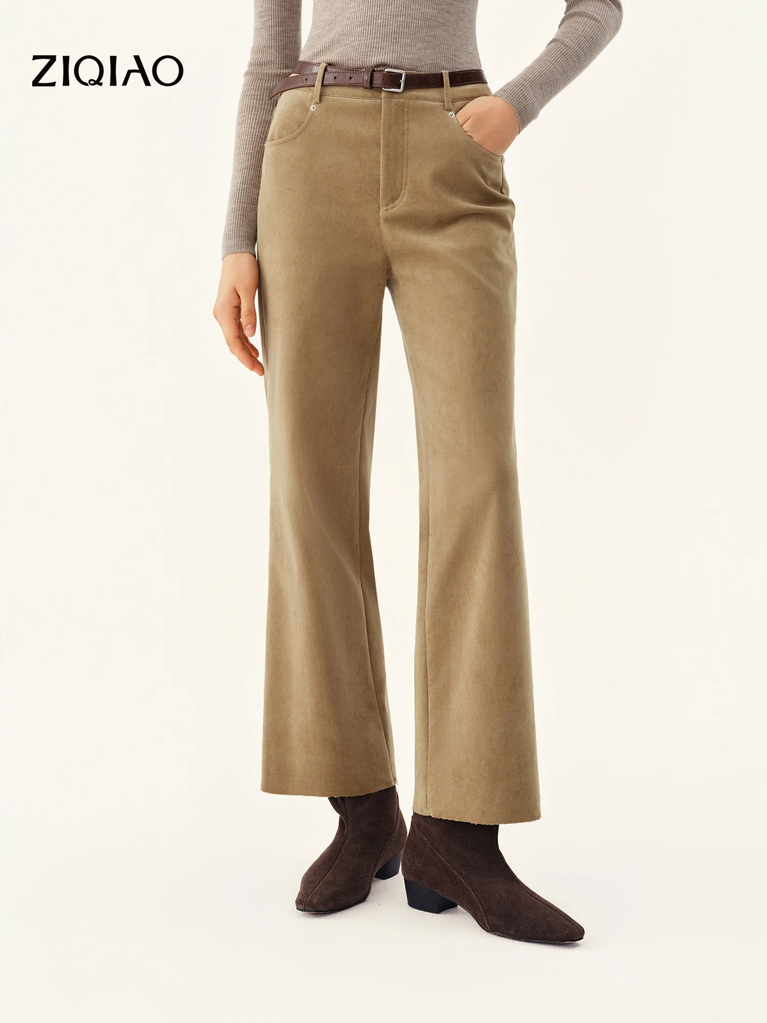 ZIQIAO Women's Vintage Modern Corduroy Cropped Bootcut Pants Thickened Warm Casual Trousers New Arrival Winter 2026 Bottoms