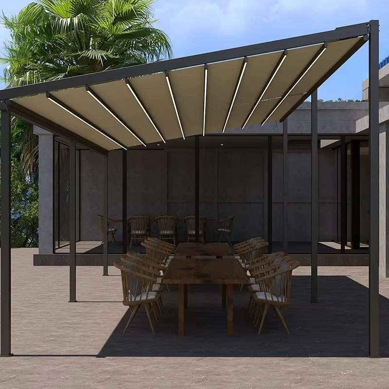 DC Tent CT600 Modern Four-Season PVC Pergola Electric Operation Powder Coated Aluminum Frame Pressure Treated Wood Eco-Friendly