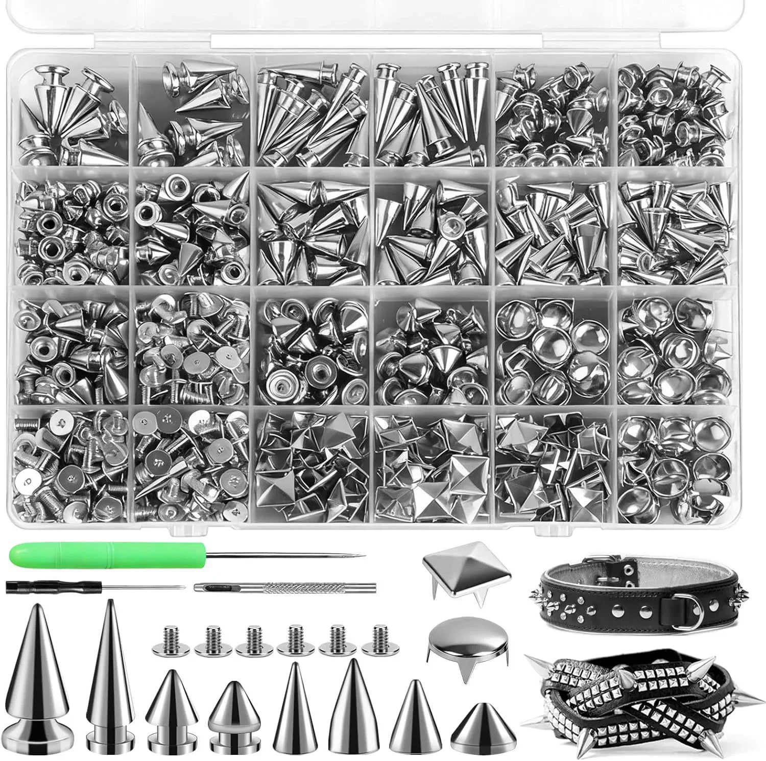 600 Stück/Set Silberne Konus-Spikes Schraubnieten in Verschiedenen Größen für Punk-Stil DIY Handwerk Kleidung Accessoires