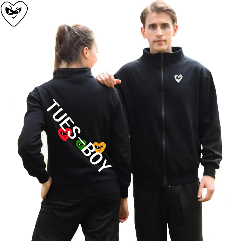 

Men Women Autumn Winter Jacket Heart Shaped Embroidery Oblique Letter Print Cotton Fleece Mock Neck Zipper Pocket Sweater