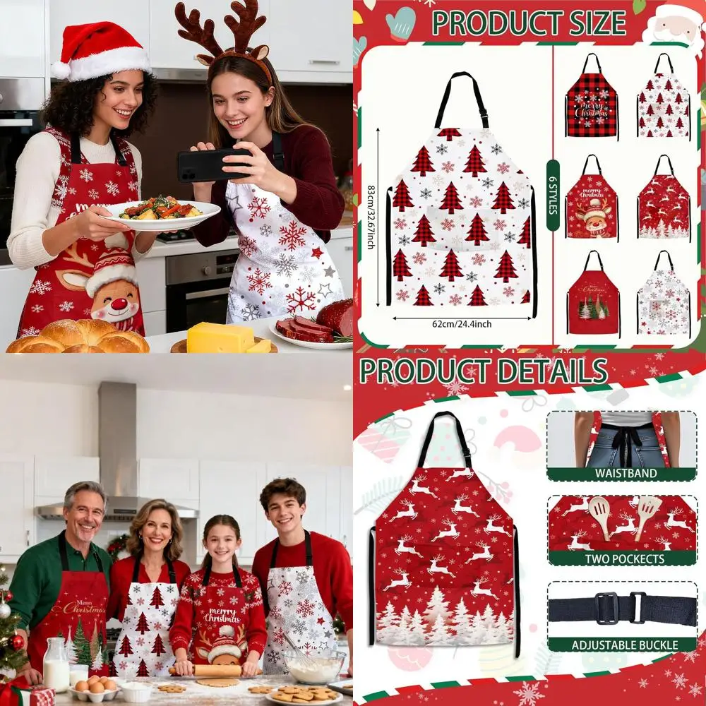 

6 Festive Women's Kitchen Aprons with Pockets, Featuring Snowman, Christmas Tree, and Gingerbread Patterns