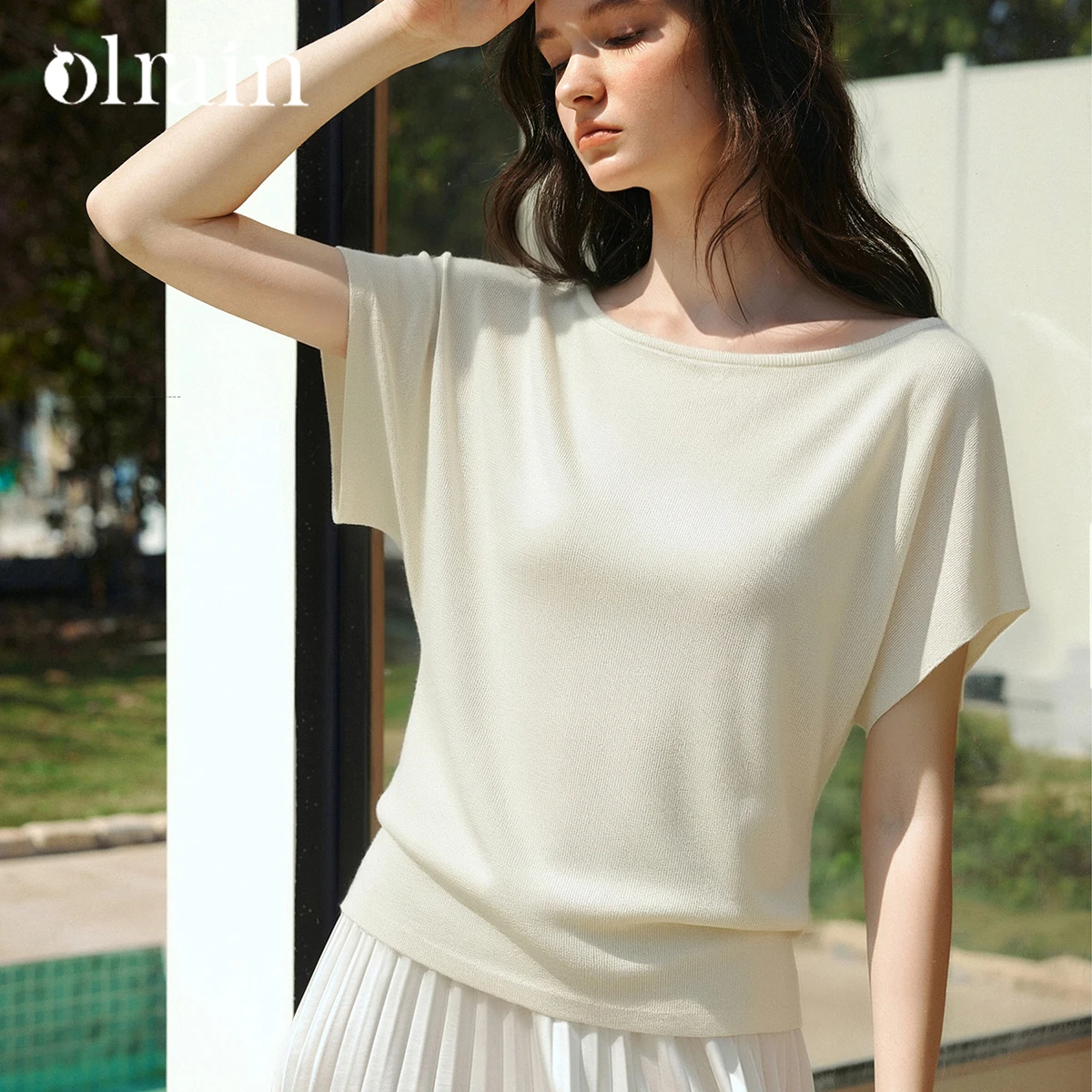 OLrain Minimal Office Solid T-shirt 2026 Summer Off Shoulder Batwing Short Sleeve Casual Knit Top Women's Clothing O58XZ006338