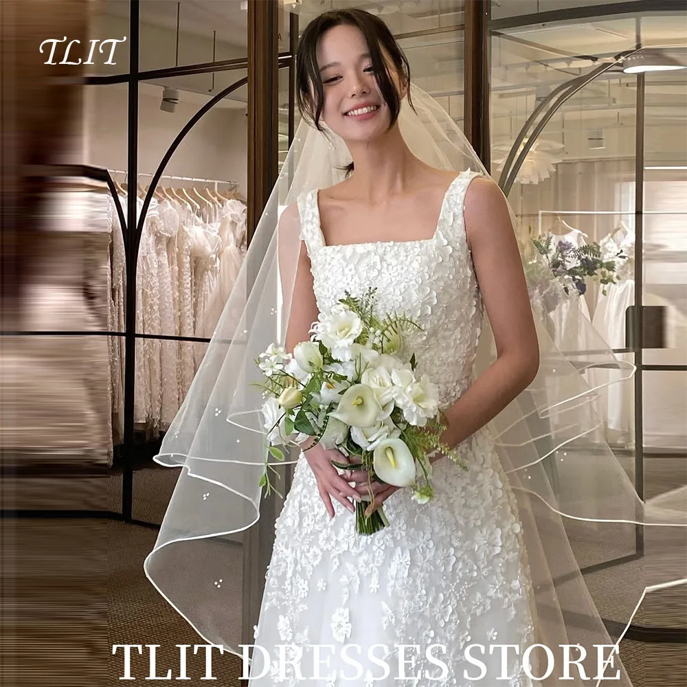 TLIT Elegant Floral Appliques Wedding Dress Wide Spaghetti Strap Prom Gowns Korea Bridal Dress Photos Shoot Customized