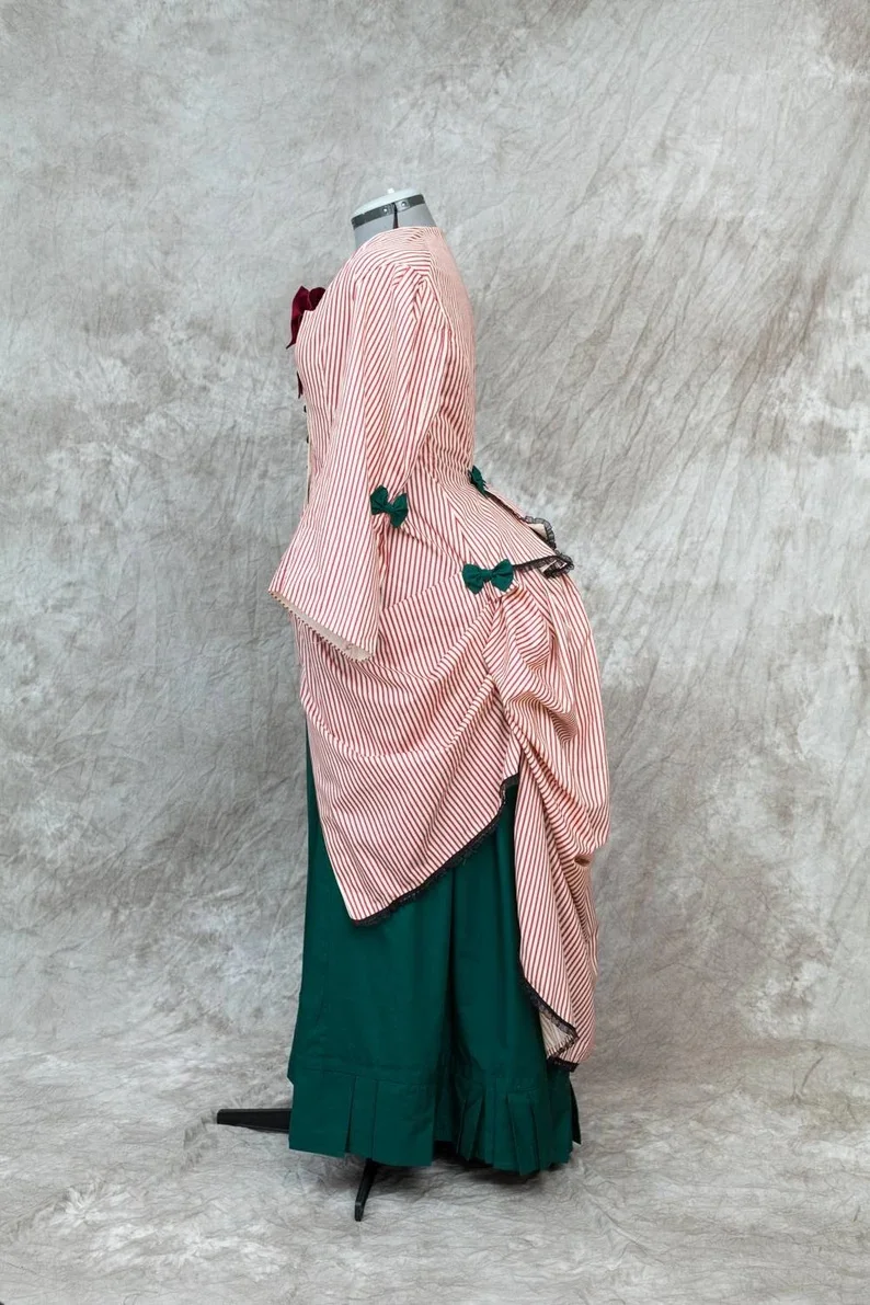 빅토리아 시대 폴로나이즈 로코코 스트라이프 버들 드레스 역사적인 로얄 고귀한 오후 의상 여성 고딕 Steampunk 티 파티 가운