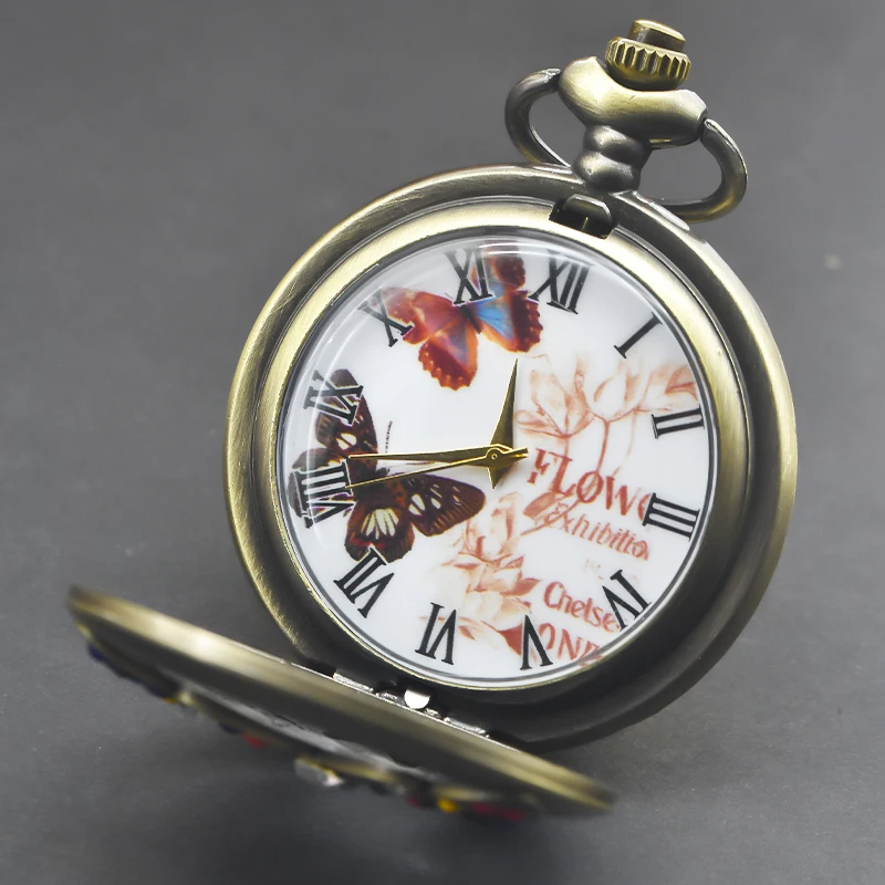 الرجعية البرونزية Steampunk فراشة جوفاء التدريجي محفورة ساعة جيب كوارتز قلادة قلادة ساعة سلسلة الرجال والنساء سلسلة هدية