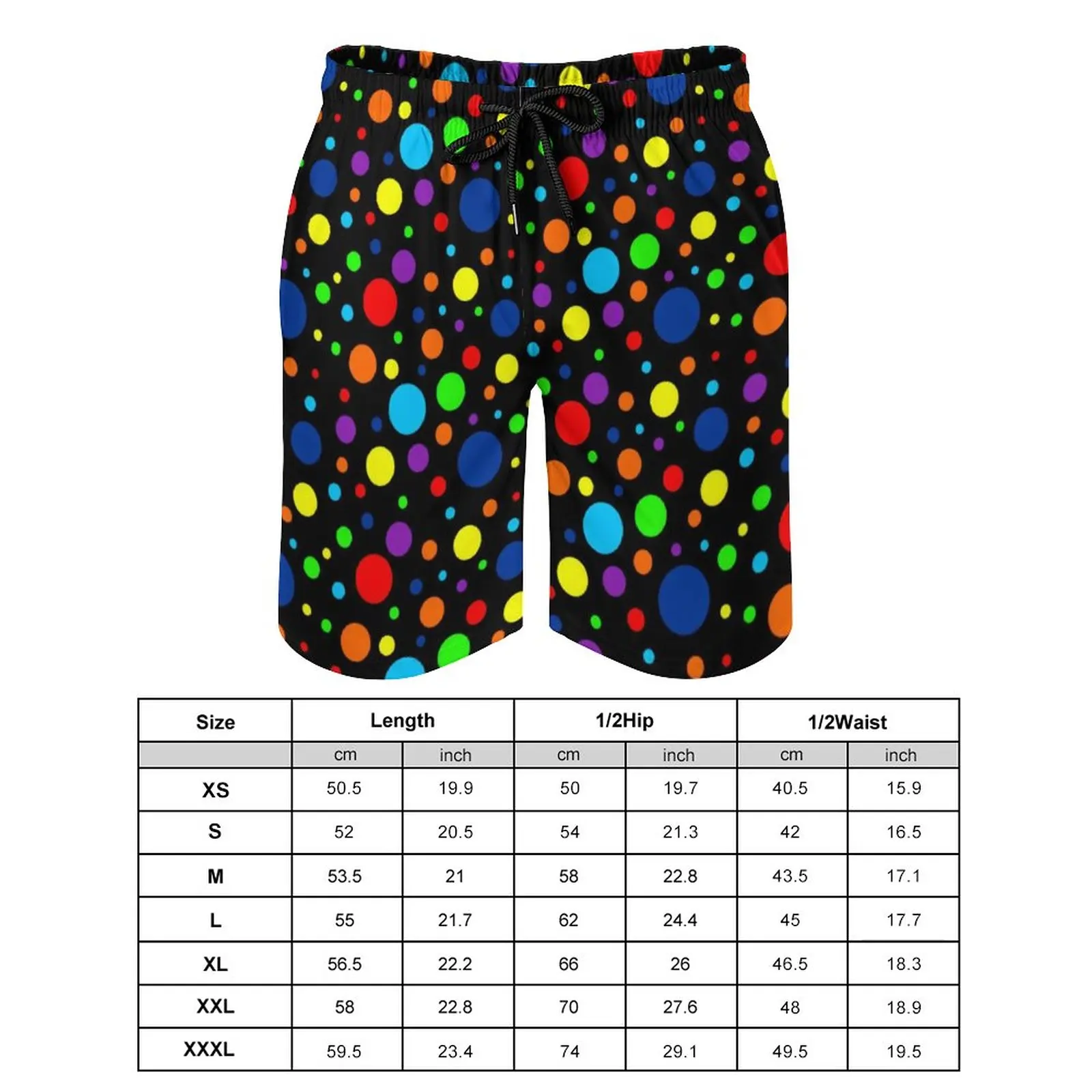 Vintage 80S Polka Dots Board Shorts Dark Rainbow Spots Male Classic Beach Short Pants Hot Sale Print Large Size Swim Trunks