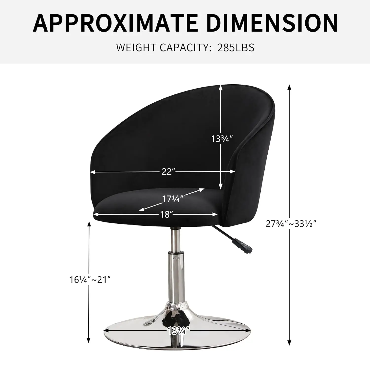 Black Velvet Adjustable Height Vanity Chair, Swivel Makeup Chair for Living Room, Bedroom, Dressing Room