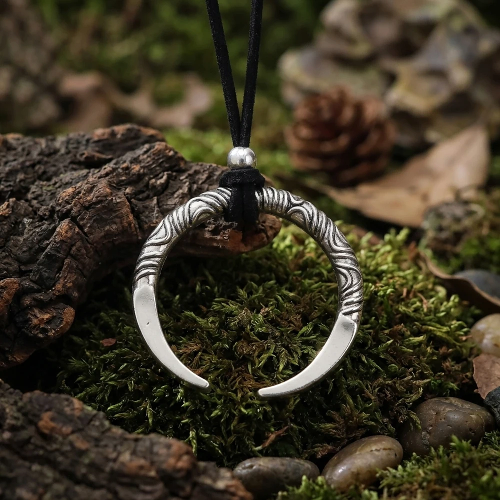 Antique Silvery Viking Crescent Moon Necklace Norse Tusk Pendant Black Suede Cord Gothic Punk Jewelry for Men Women