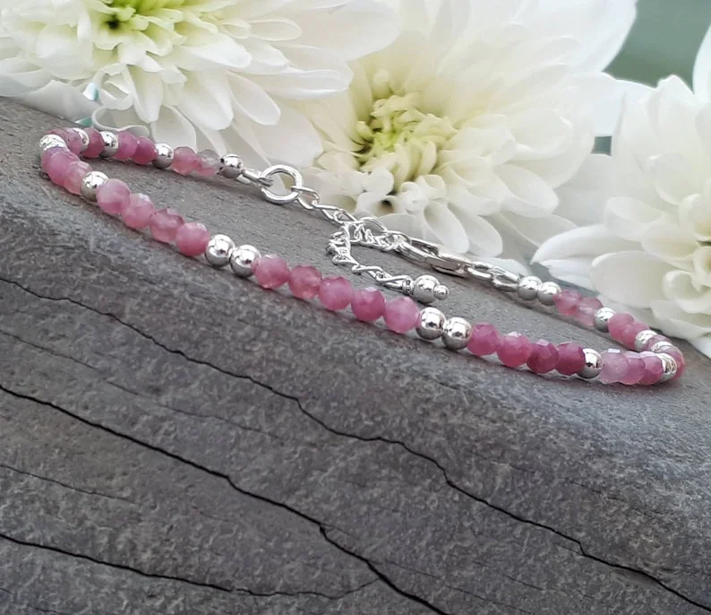 Pink tourmaline bracelet sterling silver with optional personalised heart tag. October birthstone gift.
