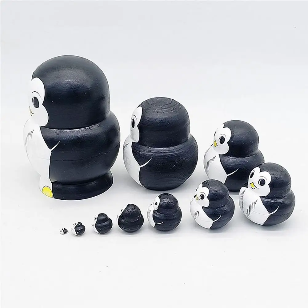 1 Set Penguin Russian Nesting Doll 10 Layers Handmade Wooden Matryoshka Penguin Stacking Toy Desktop Figurine Decoration Ornamen