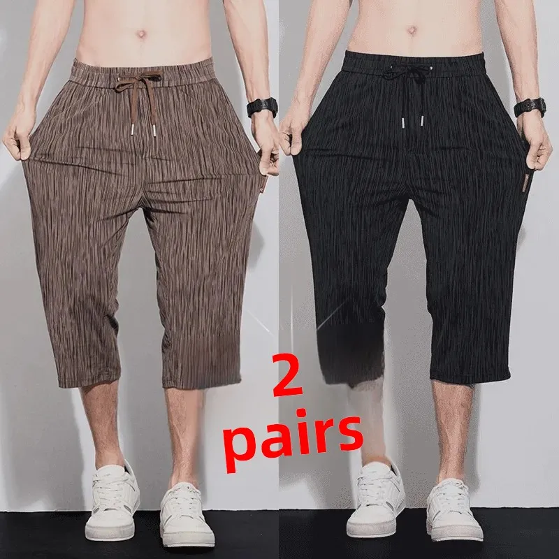 

Ice Silk Men's Casual orts Qui Dry Seven-Five Pants Loose Straight Leg Elastic Waist Eight-Five Mid-Thigh Summer orts
