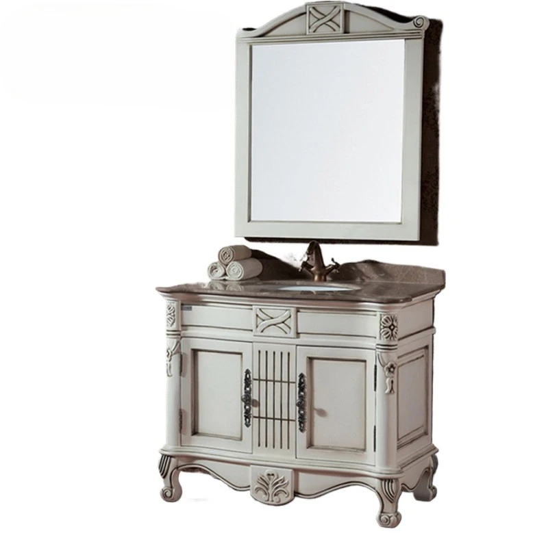 European Bathroom Cabinet Solid Wood Wash Basin Marble Face Sink Toilet Floor Combination Bathroom Cabinet