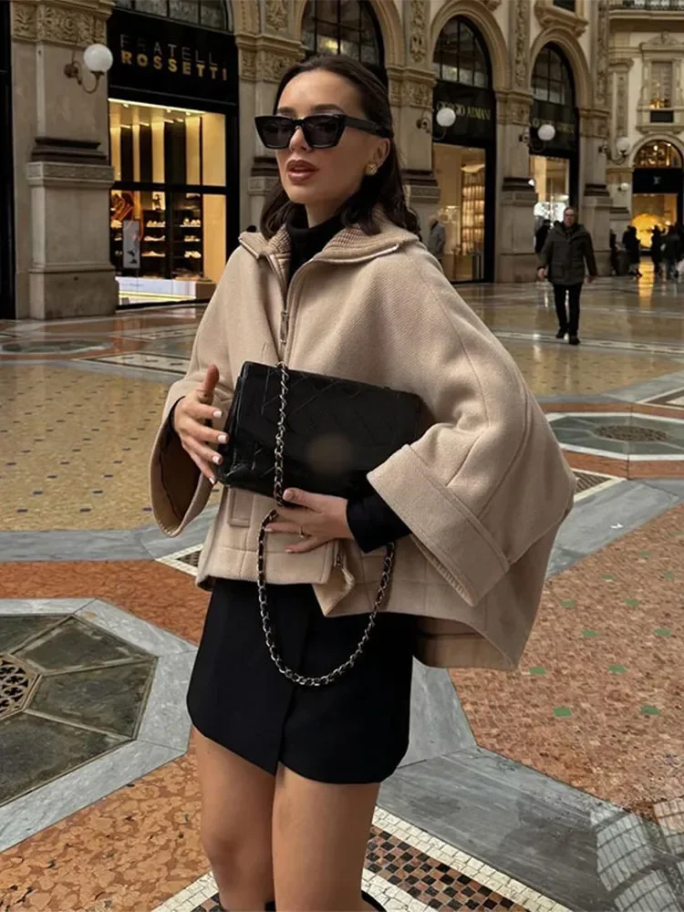 

Elegant Women Solid Zipper Woolen Coat Chic Lapel Puff Long Sleeves Loose Short Overcoats Autumn Winter Lady Commuting Outerwear