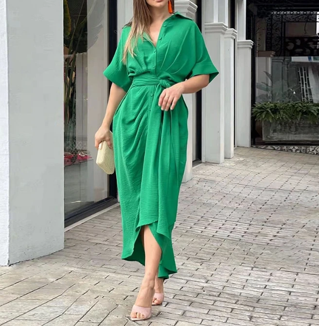 

Womens Dress Elegant Solid Trun-down Collar Short Sleeve Single Breasted Folded High Waist Tie Details Slim Fit Midi Shirt Dress