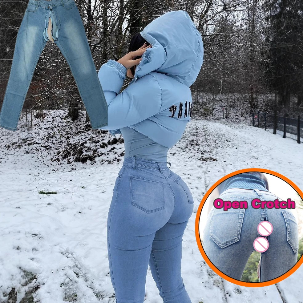 Woman Open Crotch Jeans with Three Zippers Crotchless Pants Hide Zipper Couple Outdoor Sport Costume Dance Adult Costume Pantie