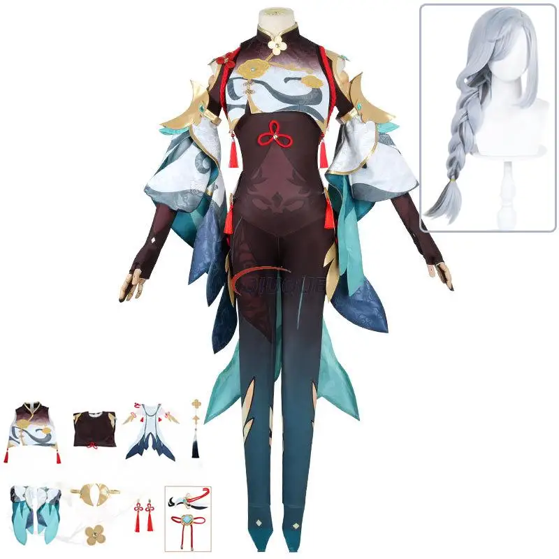 Game Genshin Impact Shenhe Cosplay Costume Shen He Wig Women Uniform Dress Halloween Comic Con Party Role Play Suit Outfits