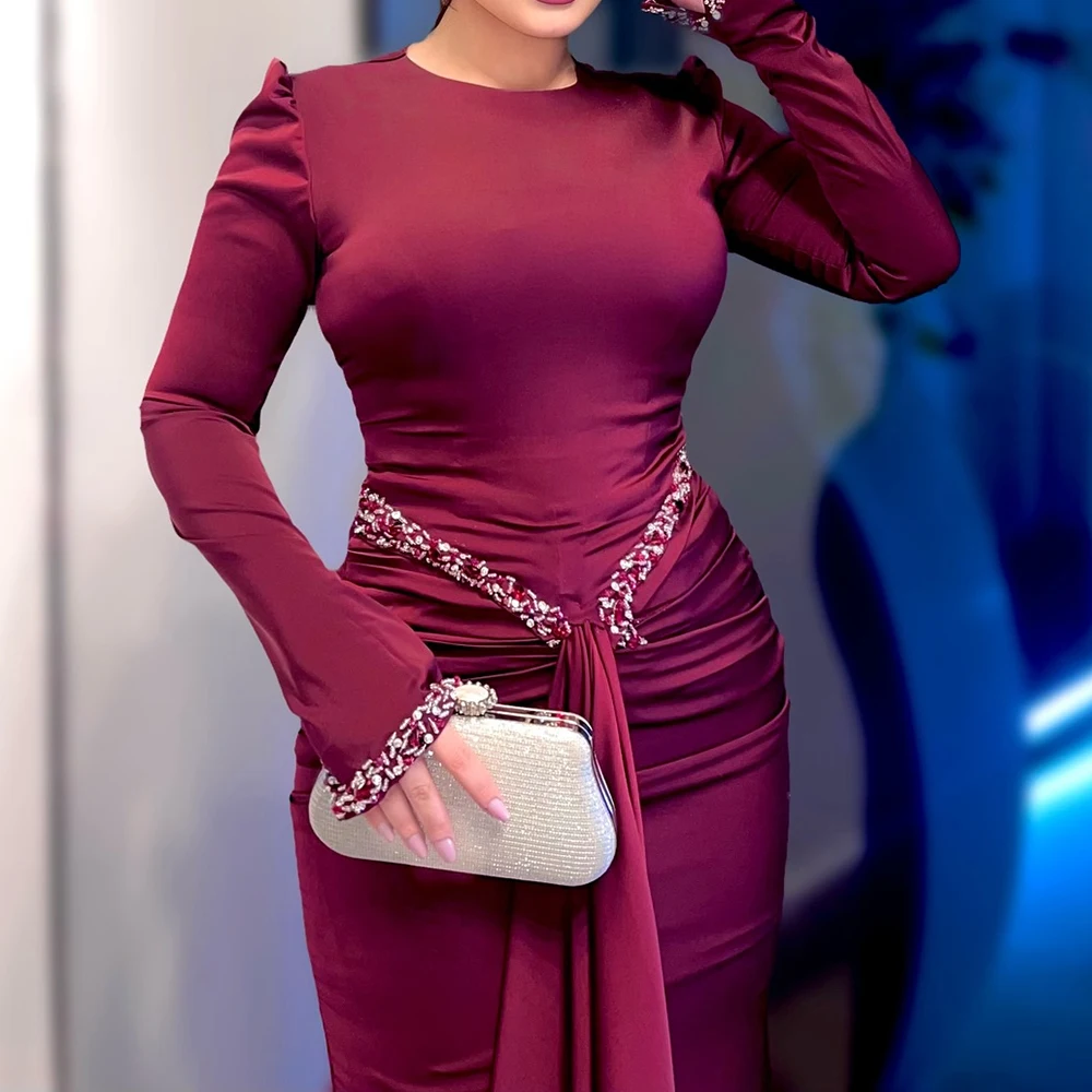 맞춤형 A라인 이브닝 드레스 바닥 길이 O넥 긴 소매 프롬 가운 패션 크리스탈 심플 드레이프 캐주얼 파티 가운