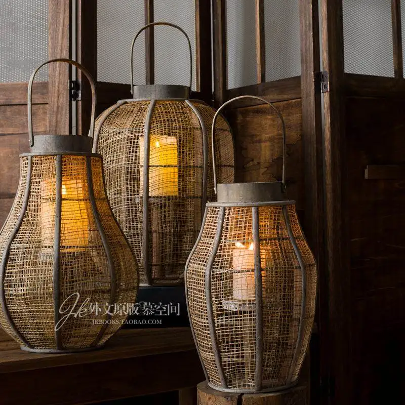 JK Mu Space exclusive new products retro nostalgic lantern candlesticks handmade wooden linen craft floor lantern ornaments