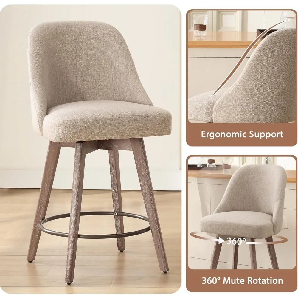 Juego de 2 taburetes de bar giratorios con altura de mostrador, taburetes de bar tapizados de tela con respaldo y asiento grueso, patas de madera maciza, Ba moderna de 26"