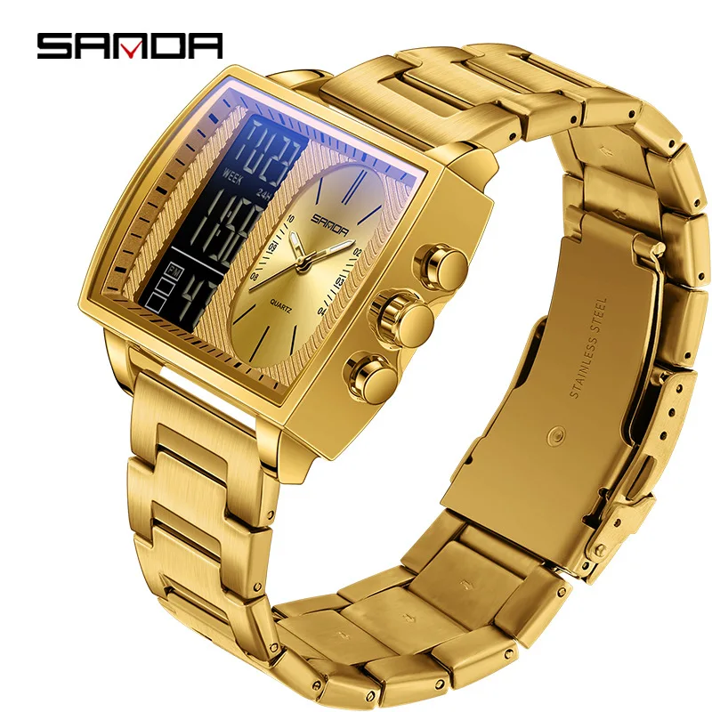 

SANDA Роскошные мужские кварцевые часы Модные электронные часы с обратным отсчетом Спортивные водонепроницаемые цифровые мужские часы с тремя часовыми дисплеями
