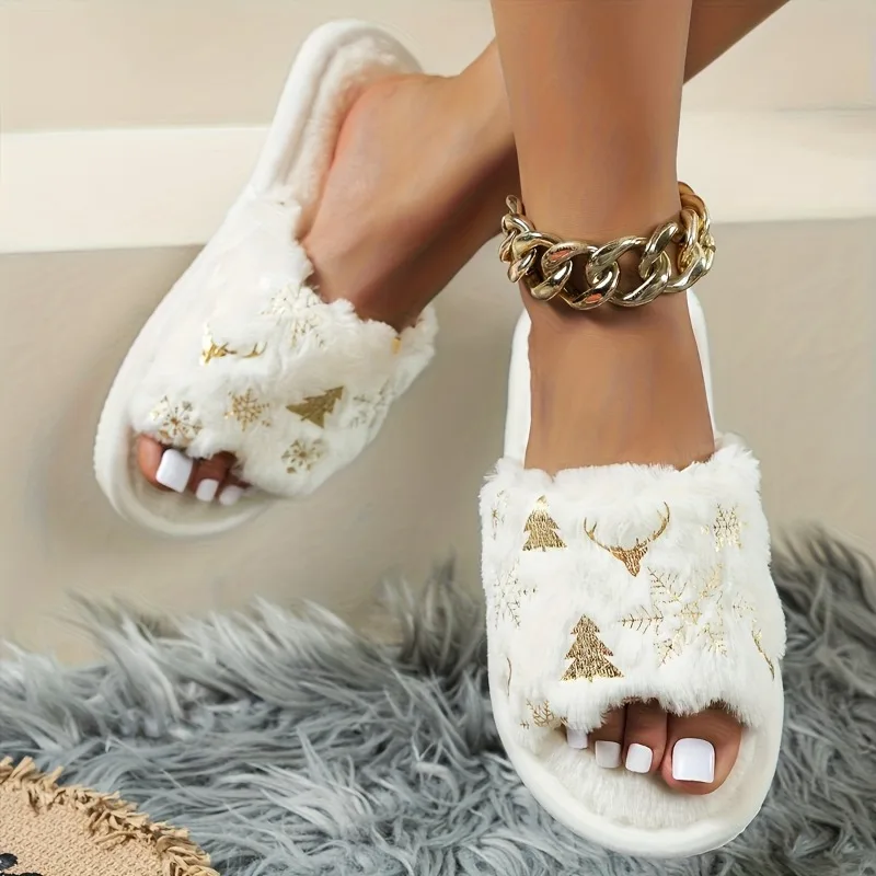 إمرأة عيد الميلاد رقيق نِعال من الفراء لينة وحيد حجم كبير عدم الانزلاق أفخم الشرائح امرأة الشتاء الراحة داخلي المنزل أحذية مفتوحة